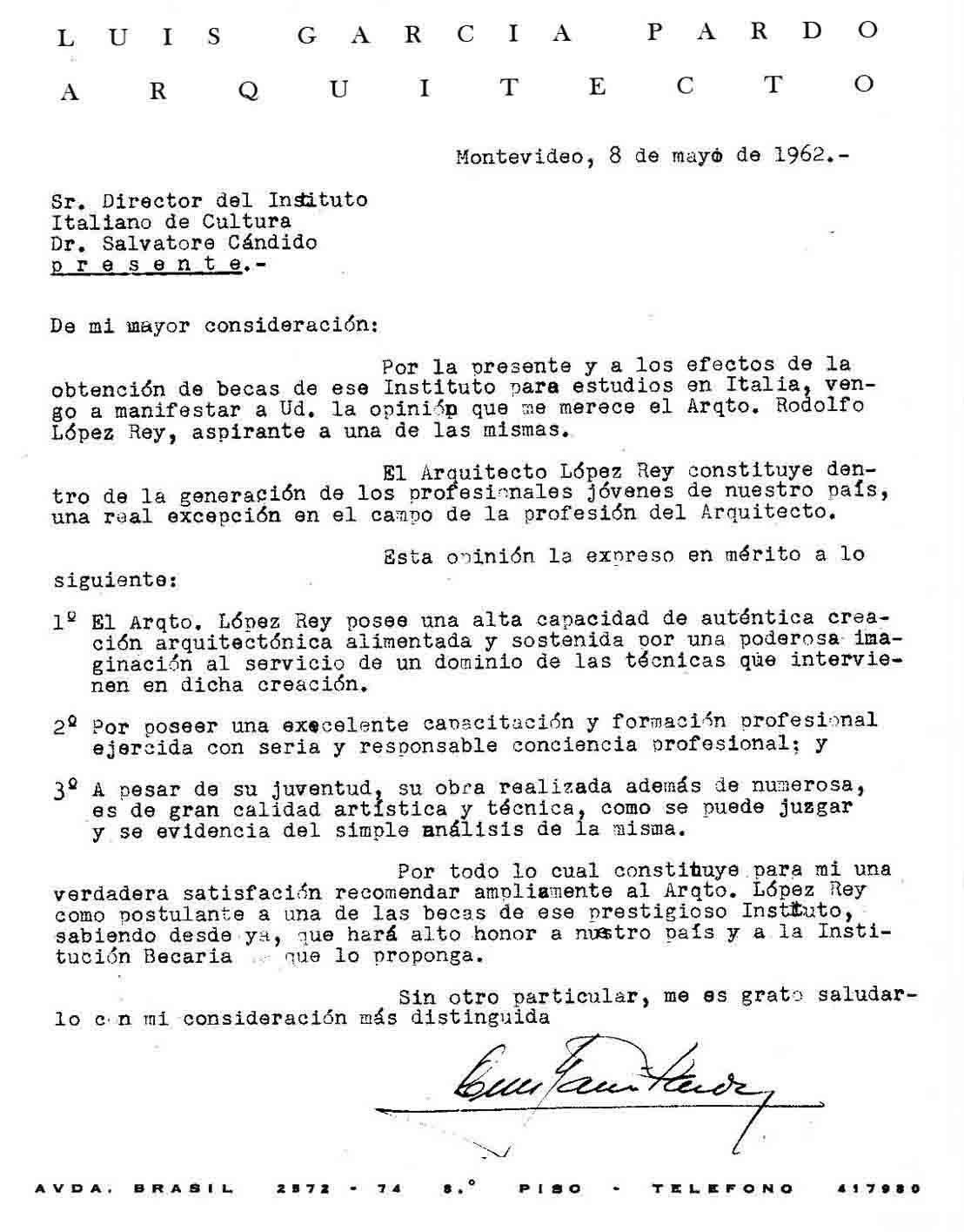 Letter from Arq. Luis García Pardo