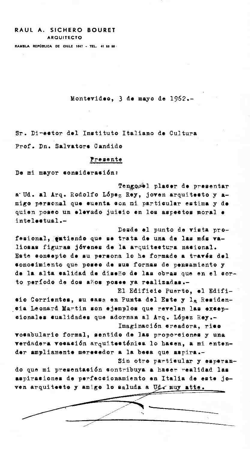 Letter from Arq. Raúl Sichero