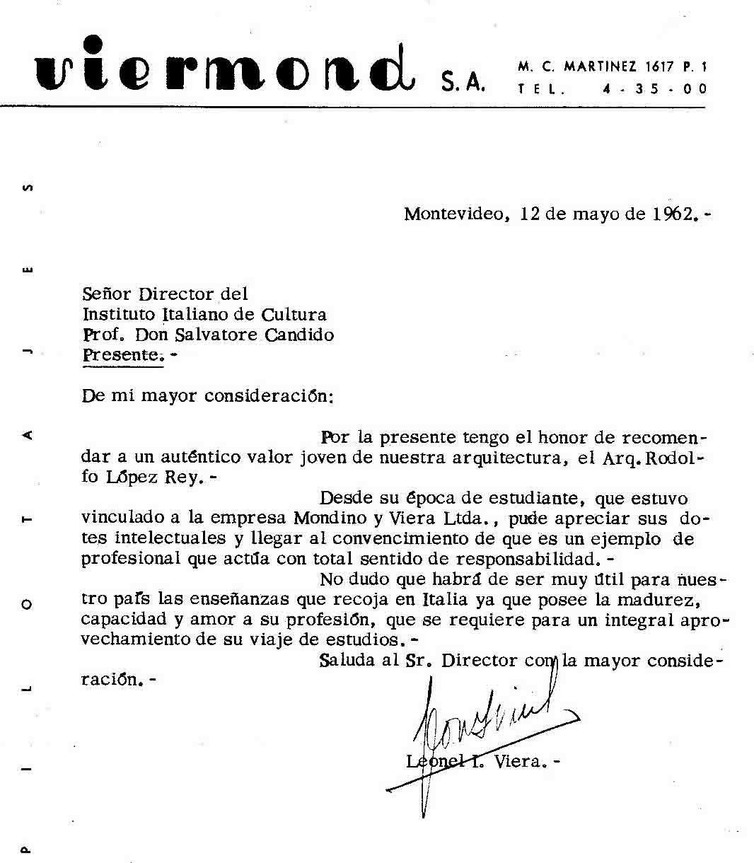 Letter from Leonel Viera